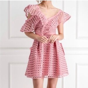 Self-Portrait Asymmetric Zari Mini Dress Guipure Ruffled Pink Dress Fril…